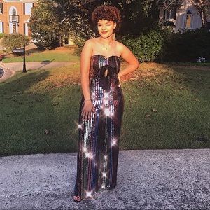 Glamorous 70’s style strapless sequin jumpsuit